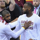 Kyrie Irving of the Cleveland Cavaliers celebrates with LeBron James after defeating the Golden State Warriors 120-90 in Game 3 of the 2016 NBA Finals at Quicken Loans Arena in Cleveland on June 8, 2016. (Jason Miller/Getty Images)